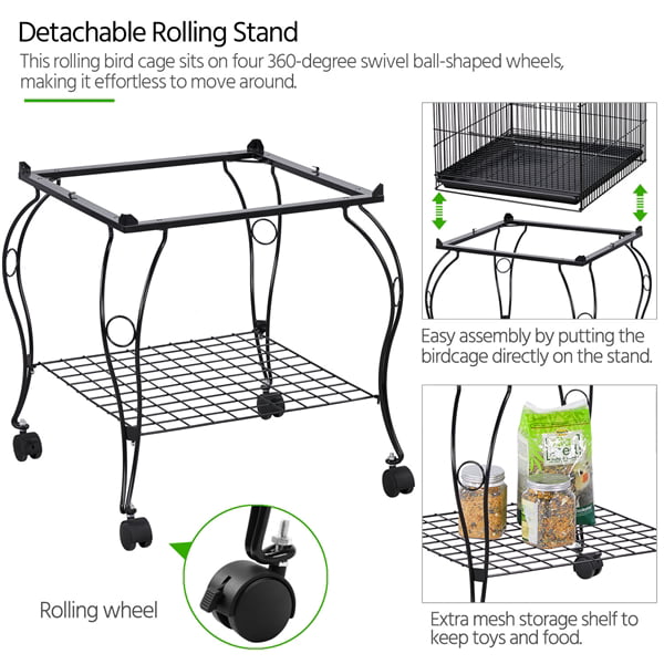 SMILE MART Metal Rolling Bird Cage with 2 Feeders and 2 Wooden Perches， Black