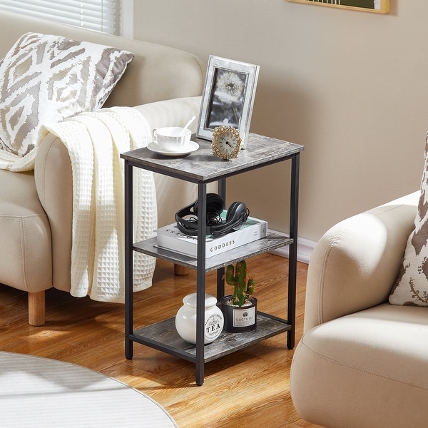 Industrial End Table With 3-Tier Wood Storage Shelf， Nightstand Sofa End Side Table Storage Display Shelf