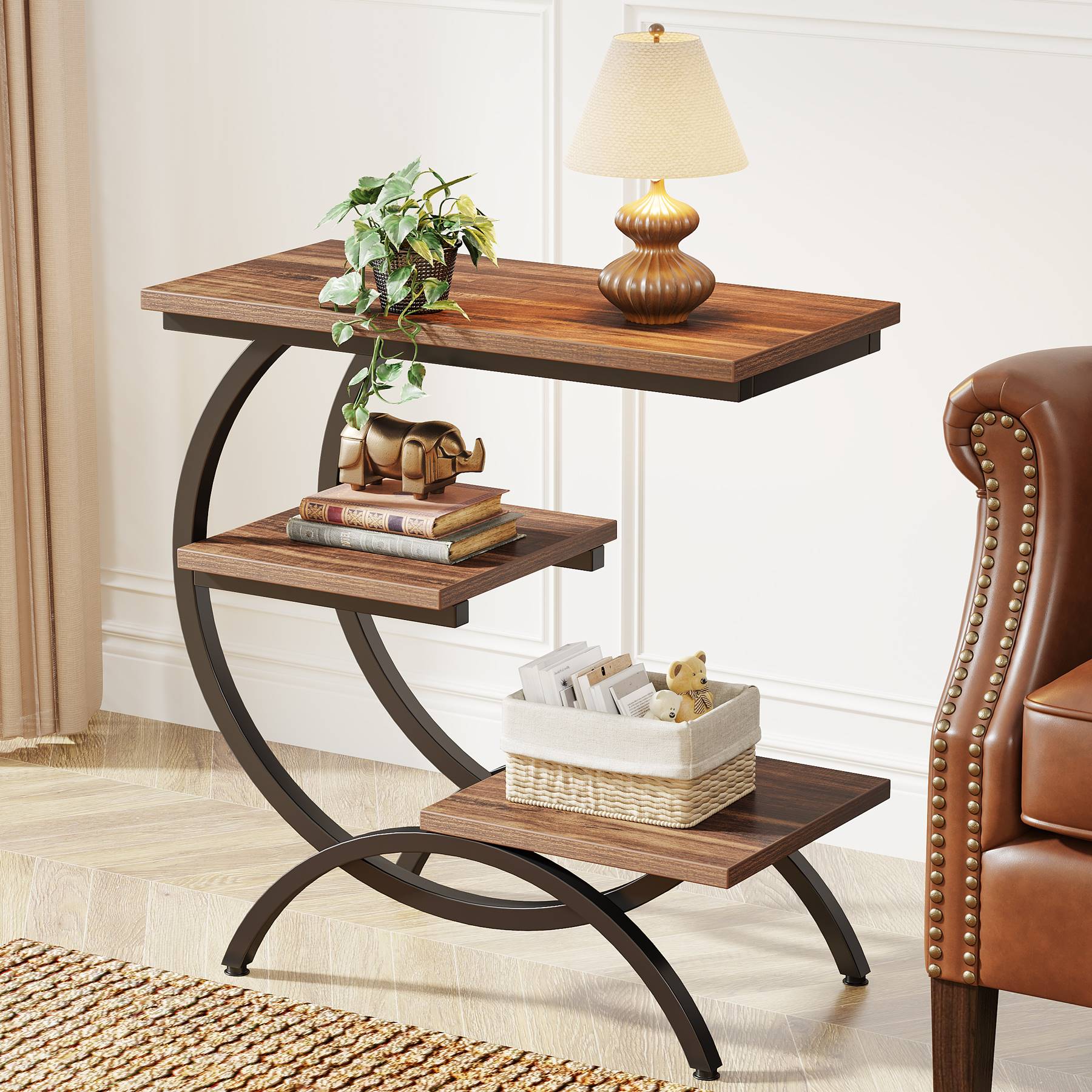 C-Shaped End Table, Industrial 3-Tier Side Table for Small Space