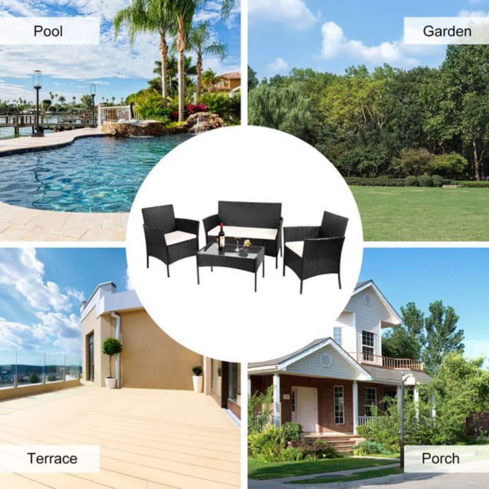 bigzzia Black 4Pieces PE Wicker Outdoor Patio Furniture Sets Loveseat Includes Armchairs and Table with Cushions