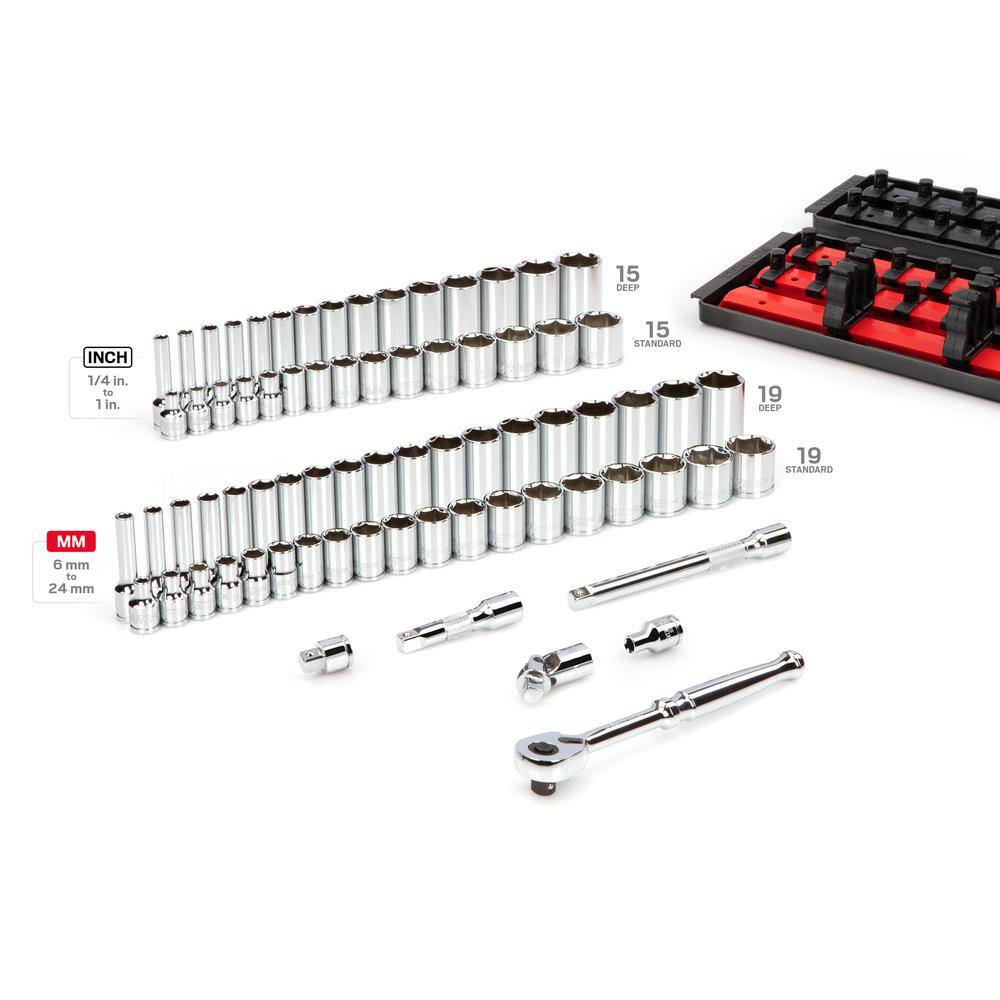 TEKTON 38 in. Drive 6-Point Socket and Ratchet Set with Rails (14 in.-1 in. 6 mm-24 mm) (74-Piece) SKT13301