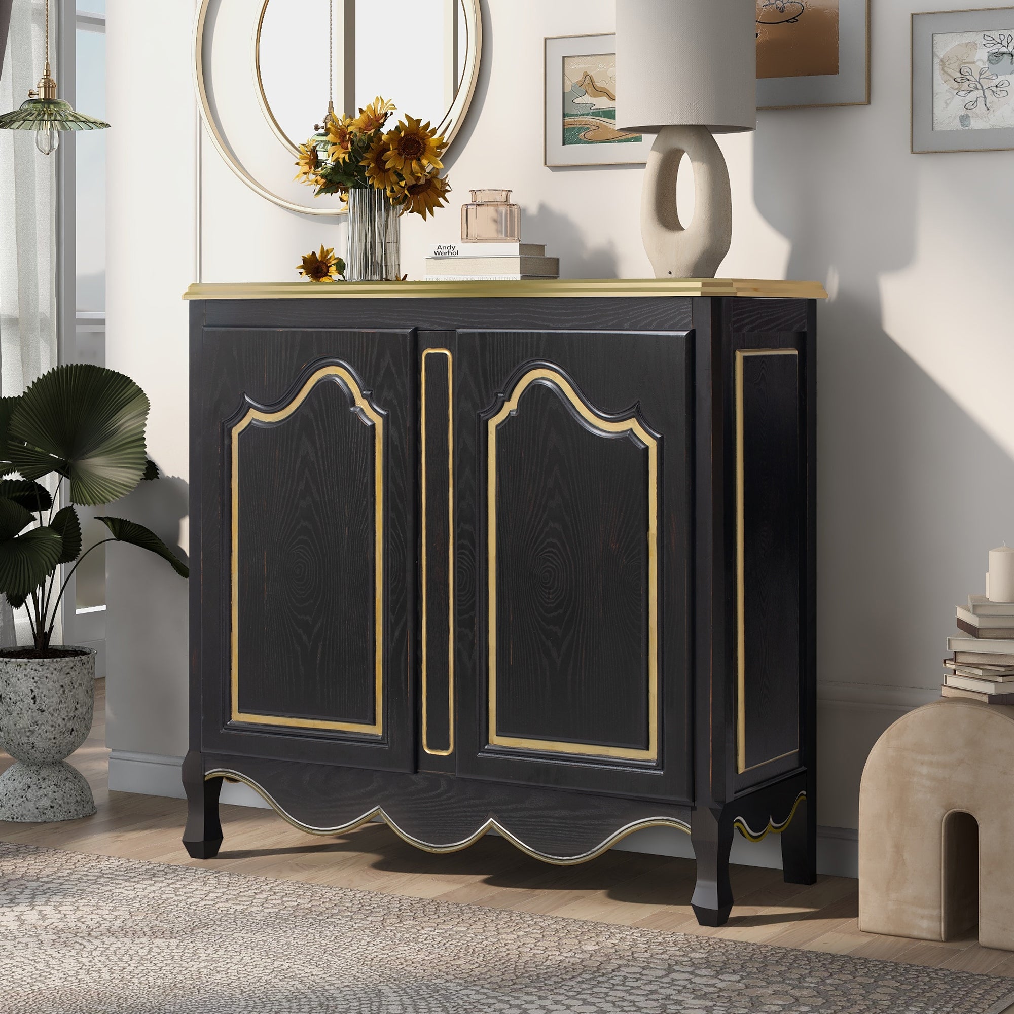 Accent Storage Cabinet with 2 Doors，Pure Hand Drawn，Solid Wood Legs