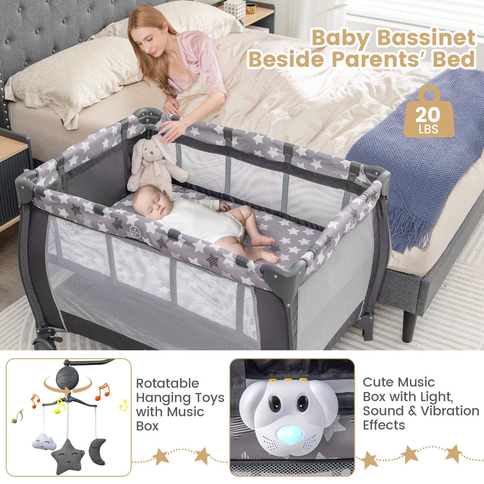 Costzon 3 in 1 Pack and Play with Bassinet, Portable Baby Playard with Changing Table