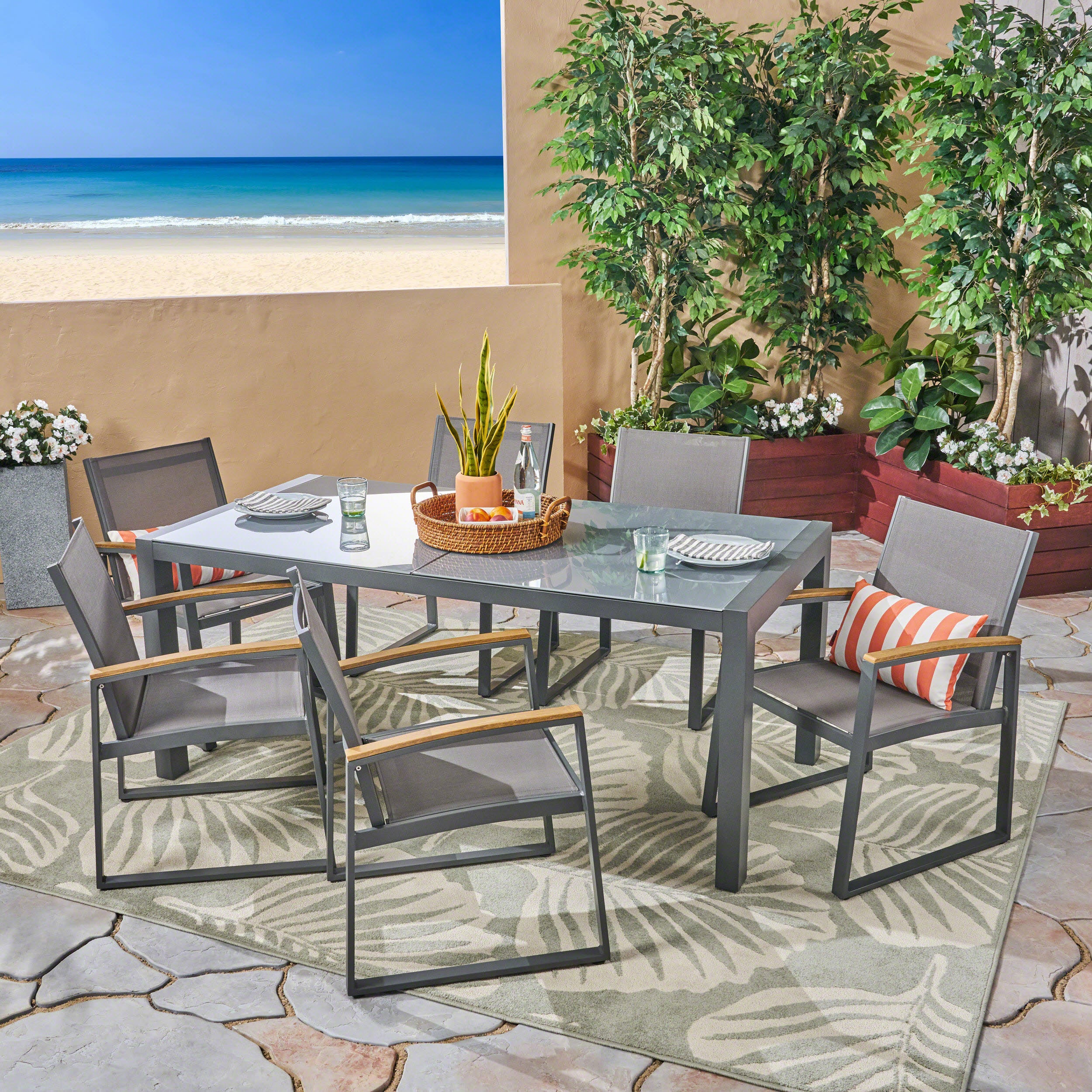 Moore Outdoor 7-Piece Aluminum Dining Set with Glass Table Top