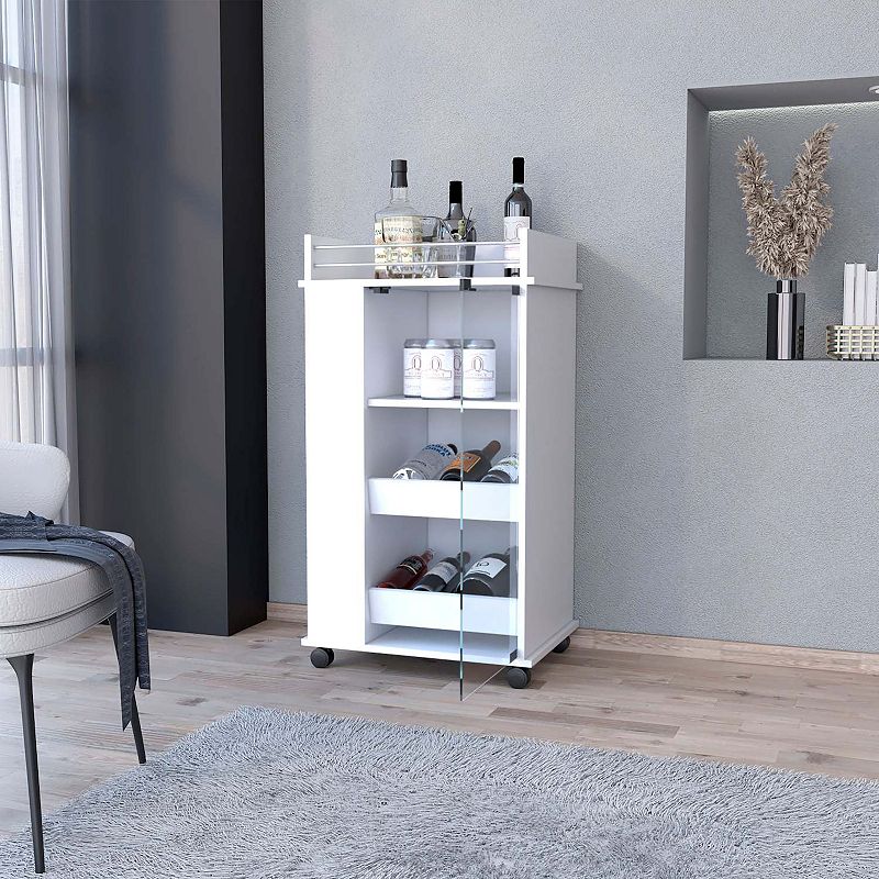 Lusk Bar Cart with 2-Bottle Holder Shelf， Glass Door and Casters