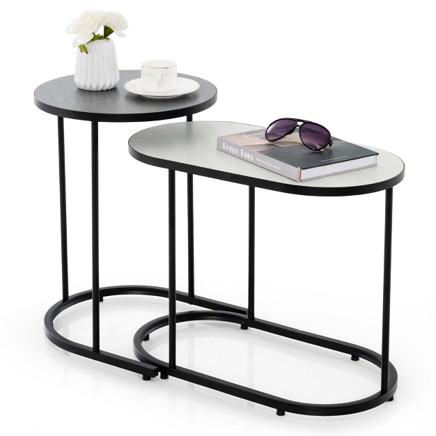 Costway 2 in 1 Design Faux Marble Top Tea Table Nesting Coffee Table Set Of 2