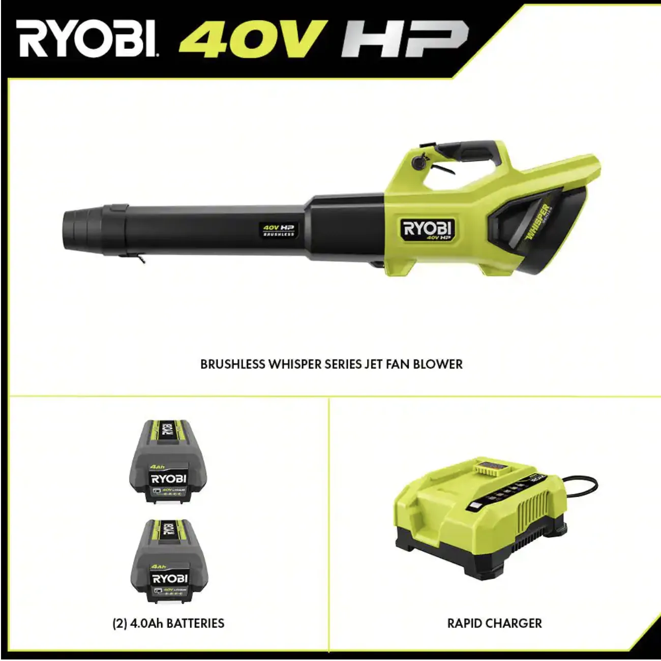 Ryobi 40V HP Brushless Whisper Series 190 MPH 730 CFM Cordless Battery Jet Fan Leaf Blower with (2) 4.0 Ah Batteries and Charger