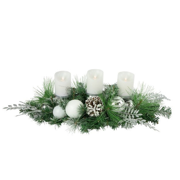 Green Pine And Needle Triple Candle Holder With Pinecones And Christmas Ornaments