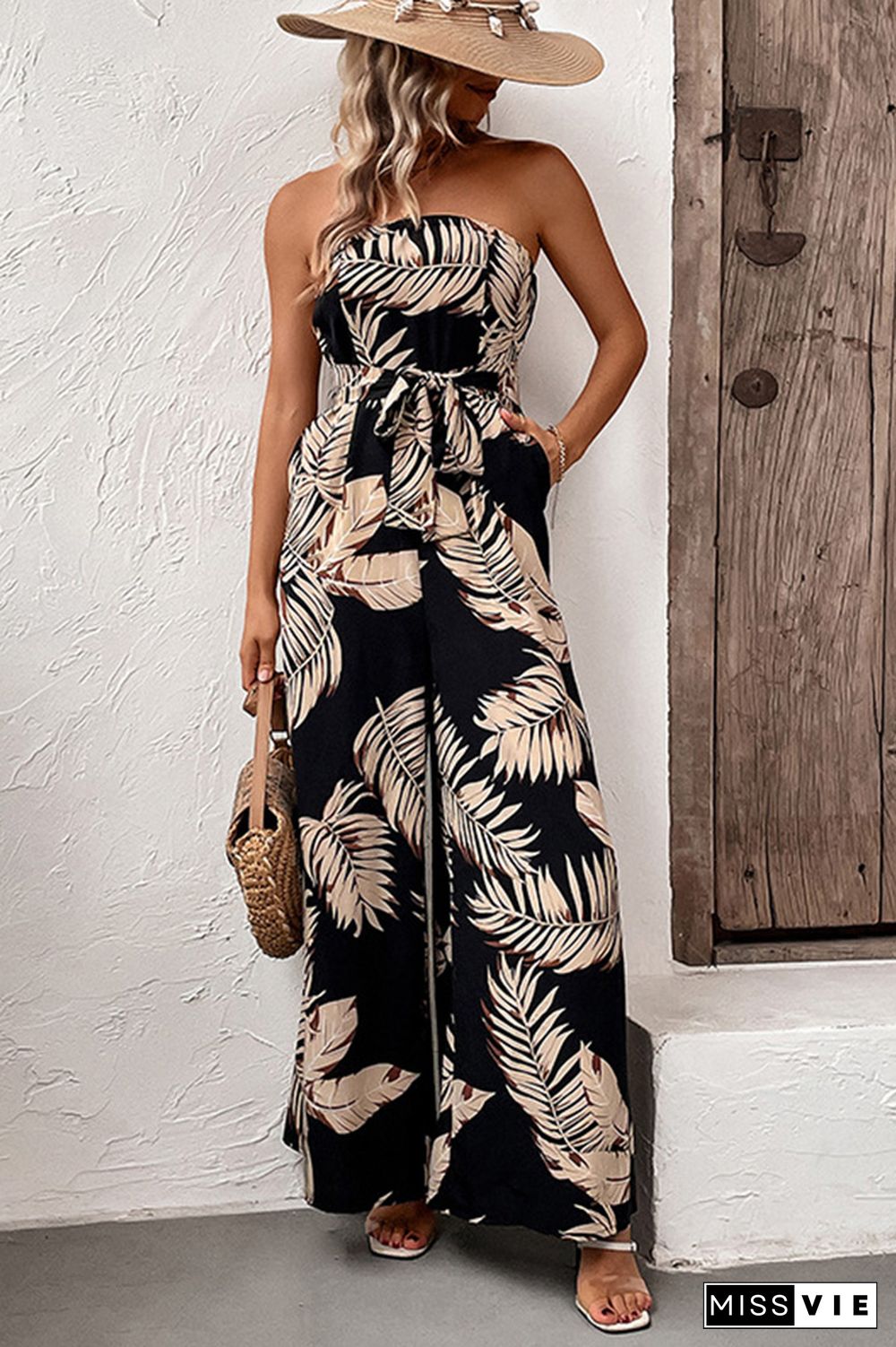 Black Palm Leave Print WIde Leg Jumpsuit