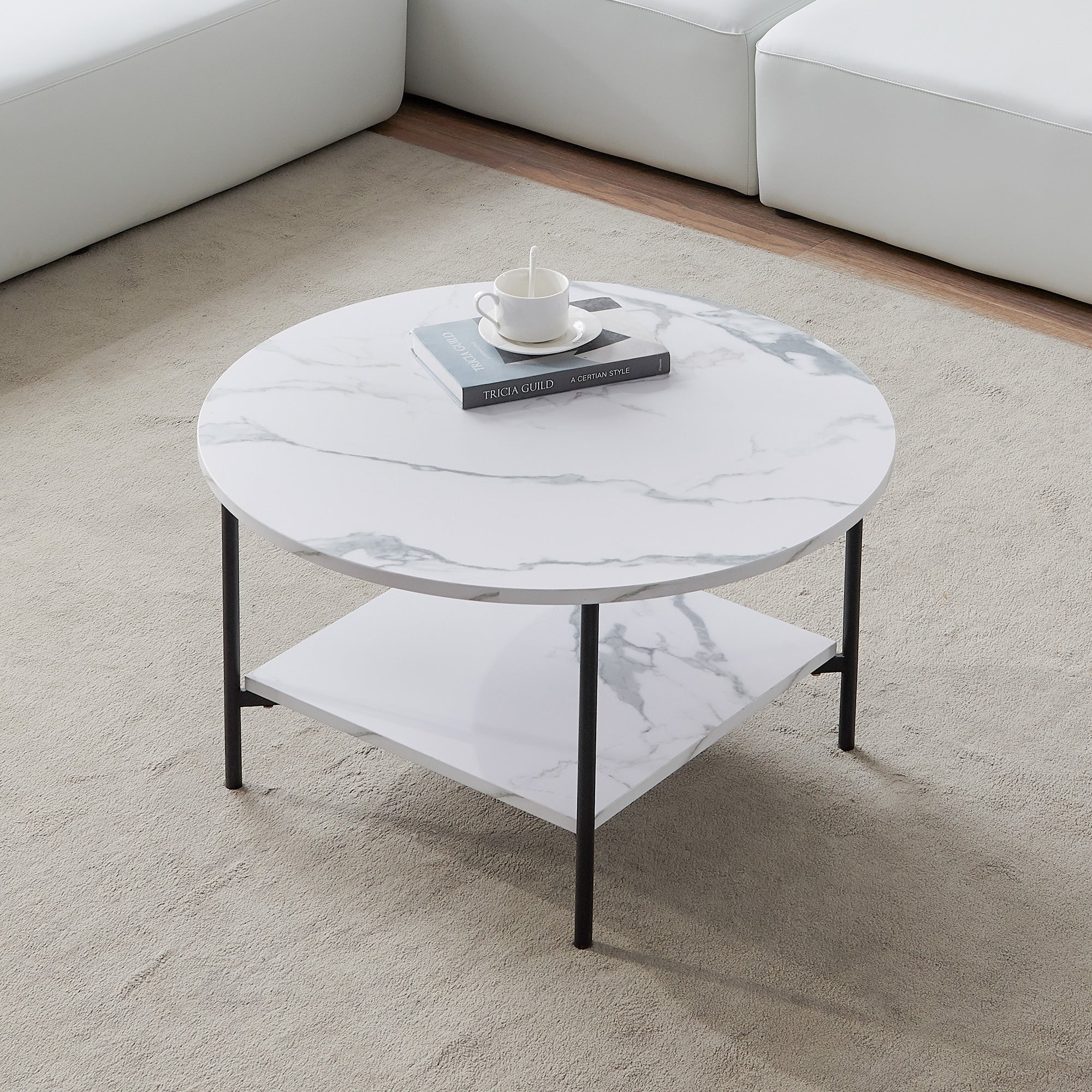 Modern Round Coffee Table with Storage Metal Frame with Marble Color Top-31.5