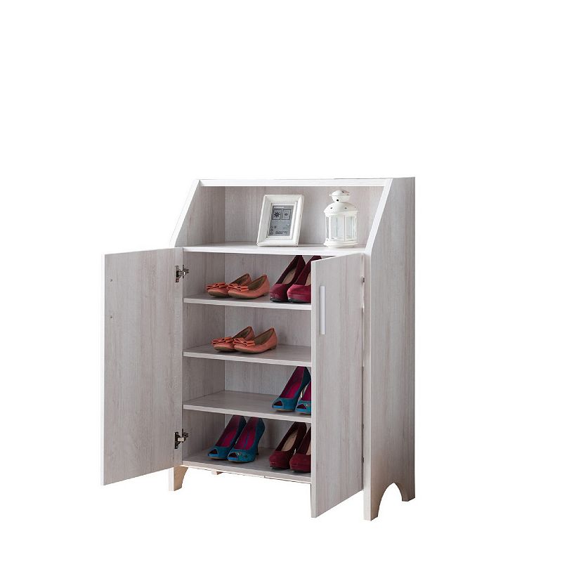 2 Door Wooden Shoe Cabinet with Top Shelf Storage， White