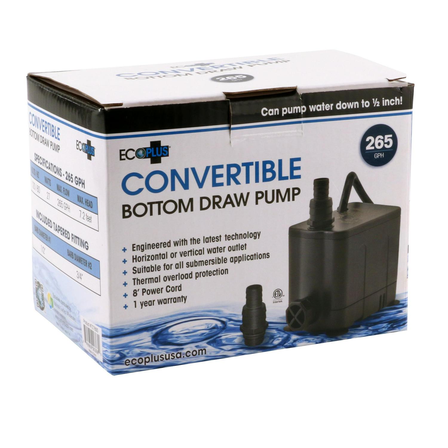 EcoPlus Convertible Bottom Draw Water Pump 265 GPH， Submersible Only