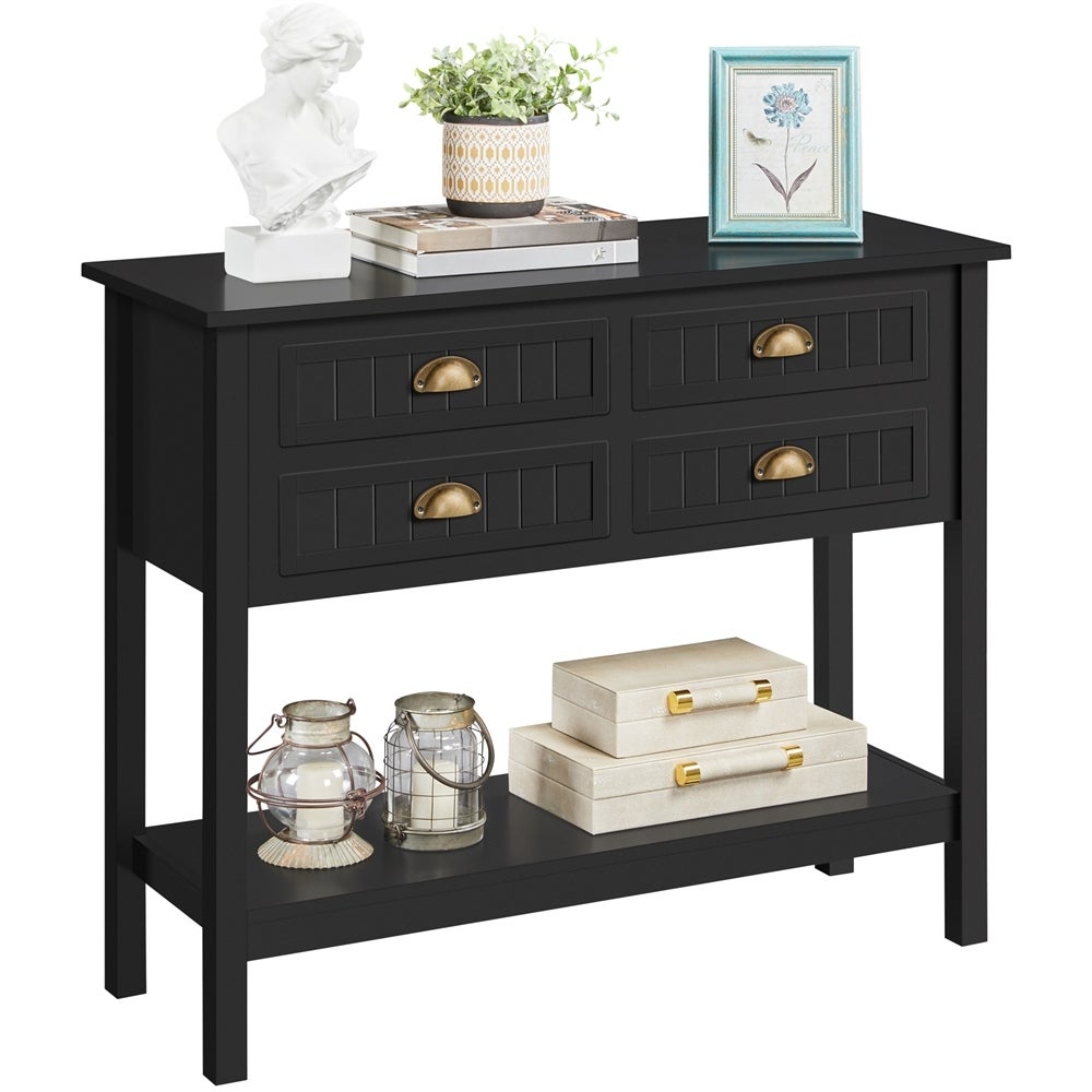 Yaheetech 4-Drawer Console Table With Open Shelf Pine Wood Legs