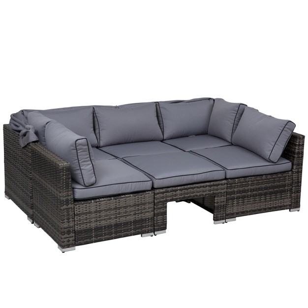 Outsunny Outdoor Daybed With Canopy 4 Piece Sectional Patio Furniture Set Cushions Table Ottoman Pe Wicker Sofa Set amp Convertible Sunbed Gray