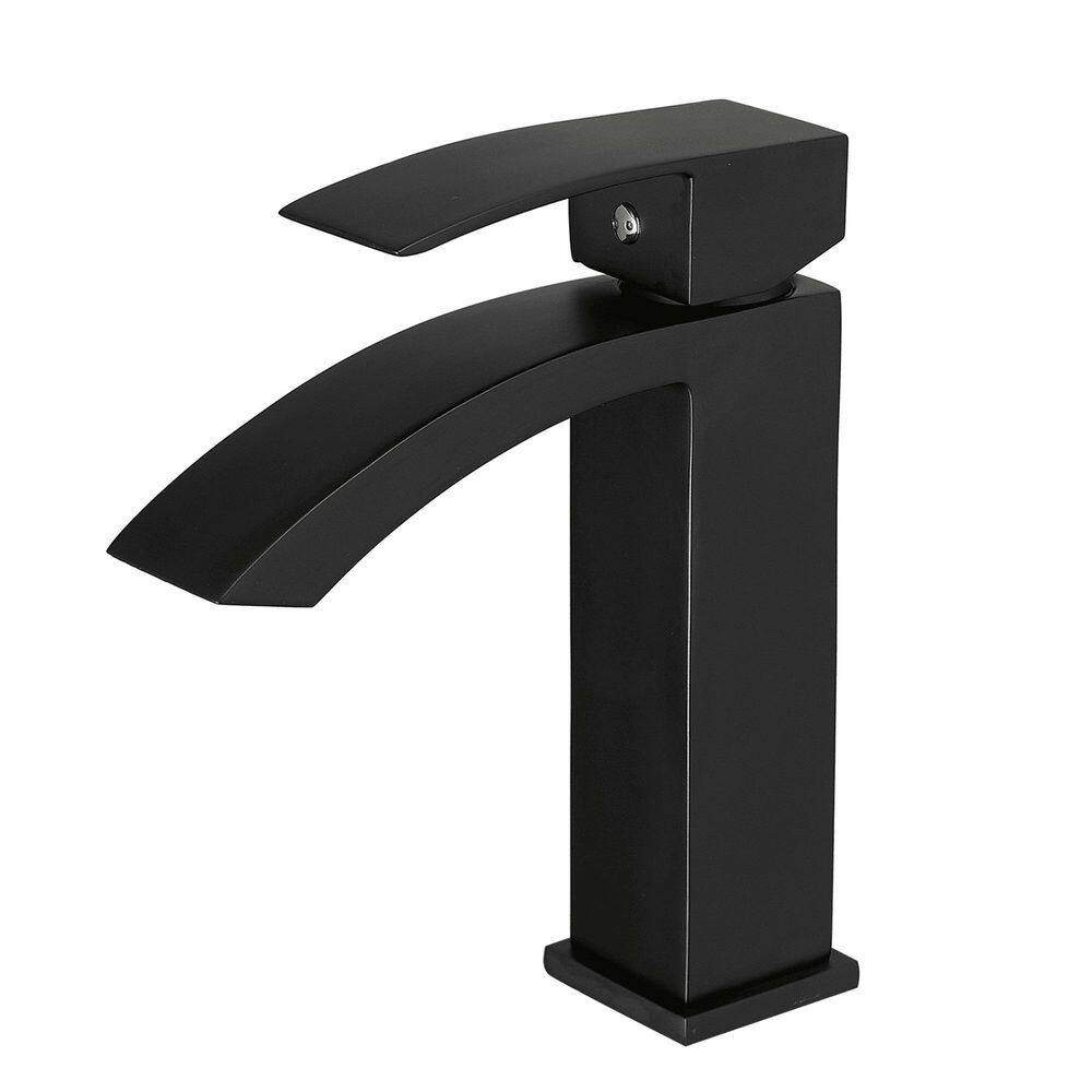 FLG Single-Handle Single-Hole Waterfall Bathroom Faucet Deck Mounted Bathroom Sink Faucet in Matte Black CC-0076-MB