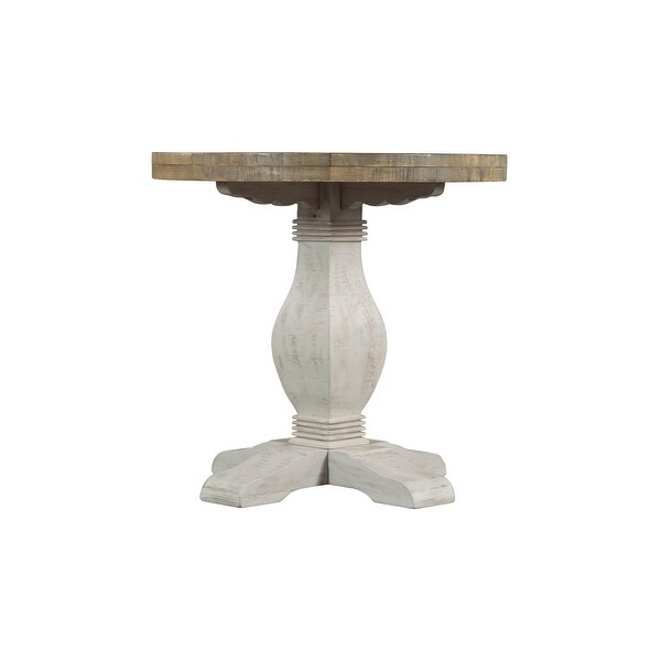 26 Inch Round End Table with Pedestal Base， Brown and White