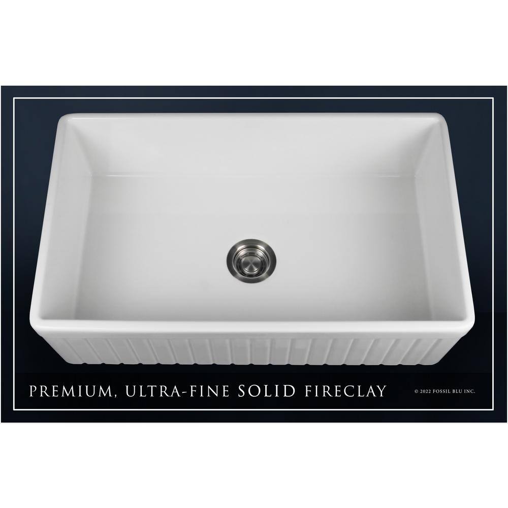 Fossil Blu Luxury White Solid Fireclay 33 in. Single Bowl Farmhouse Apron Kitchen Sink with Stainless Steel Accs and Fluted Front WHS1007SS