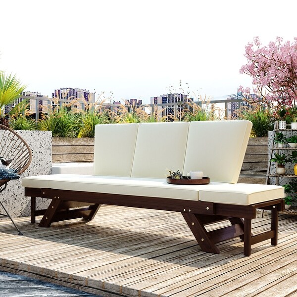 3-seater Sofa Outdoor Adjustable Patio Expandable and Multifunctional Daybed， Wooden Chaise Lounge with Cushions for Small Places - Overstock - 37248098