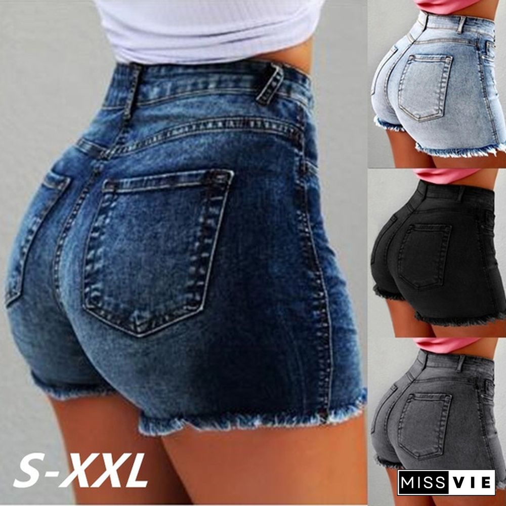 Summer Women's Fashion Causal Stretchy Denim Pants High Waist Beach Shorts Washed Jeans Pants