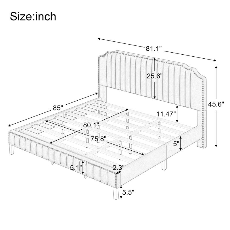 3Pcs Linen Curved Upholstered Platform Bed Set with 2 Black Cherry Nightstands