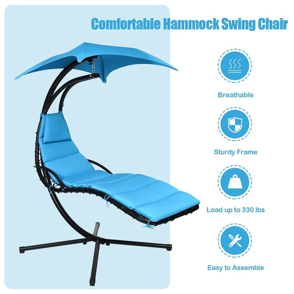 Hanging Chaise Lounger with Stand and Pillow for Outdoor   Blue   73.5'' x 40'' x 79\