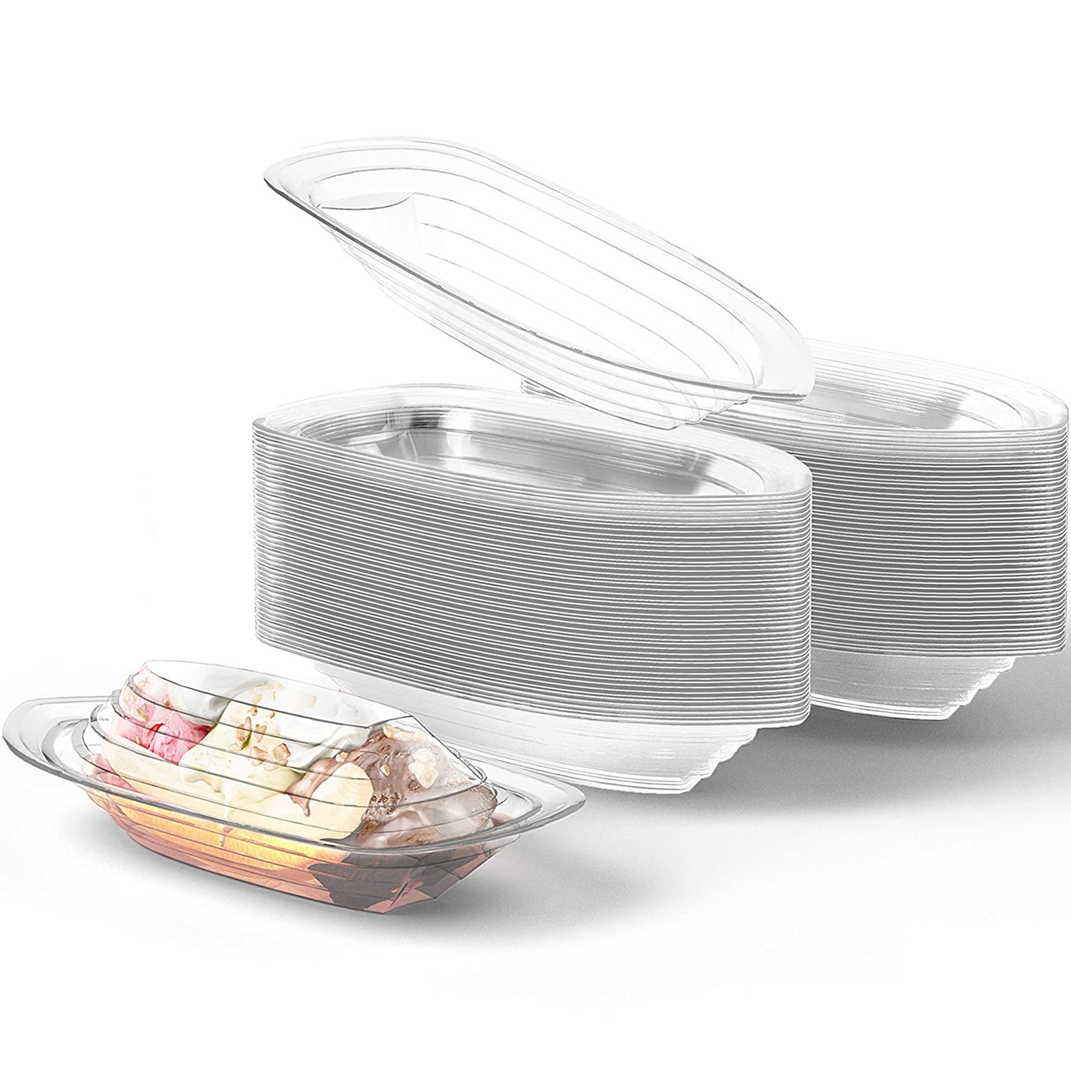 Avant Grub Clear Plastic Banana Split Boats， 8 oz and 12 oz， 100 pcs Combo Pack