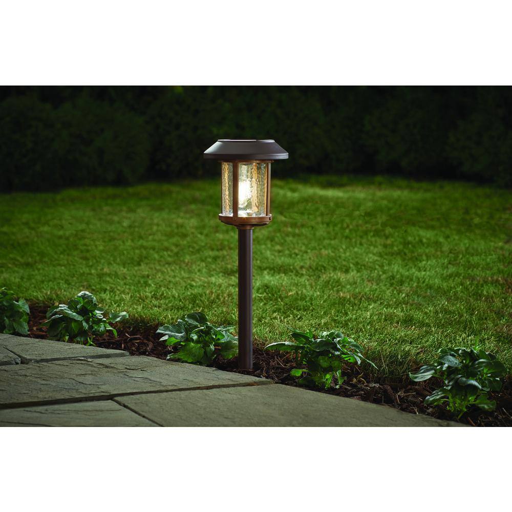 Hampton Bay Lockhart Solar Bronze and Warm Wood LED Path Light 14 Lumens with Ice Glass Lens and Vintage Bulb 2-Tone (4-Pack) P5100-01-06