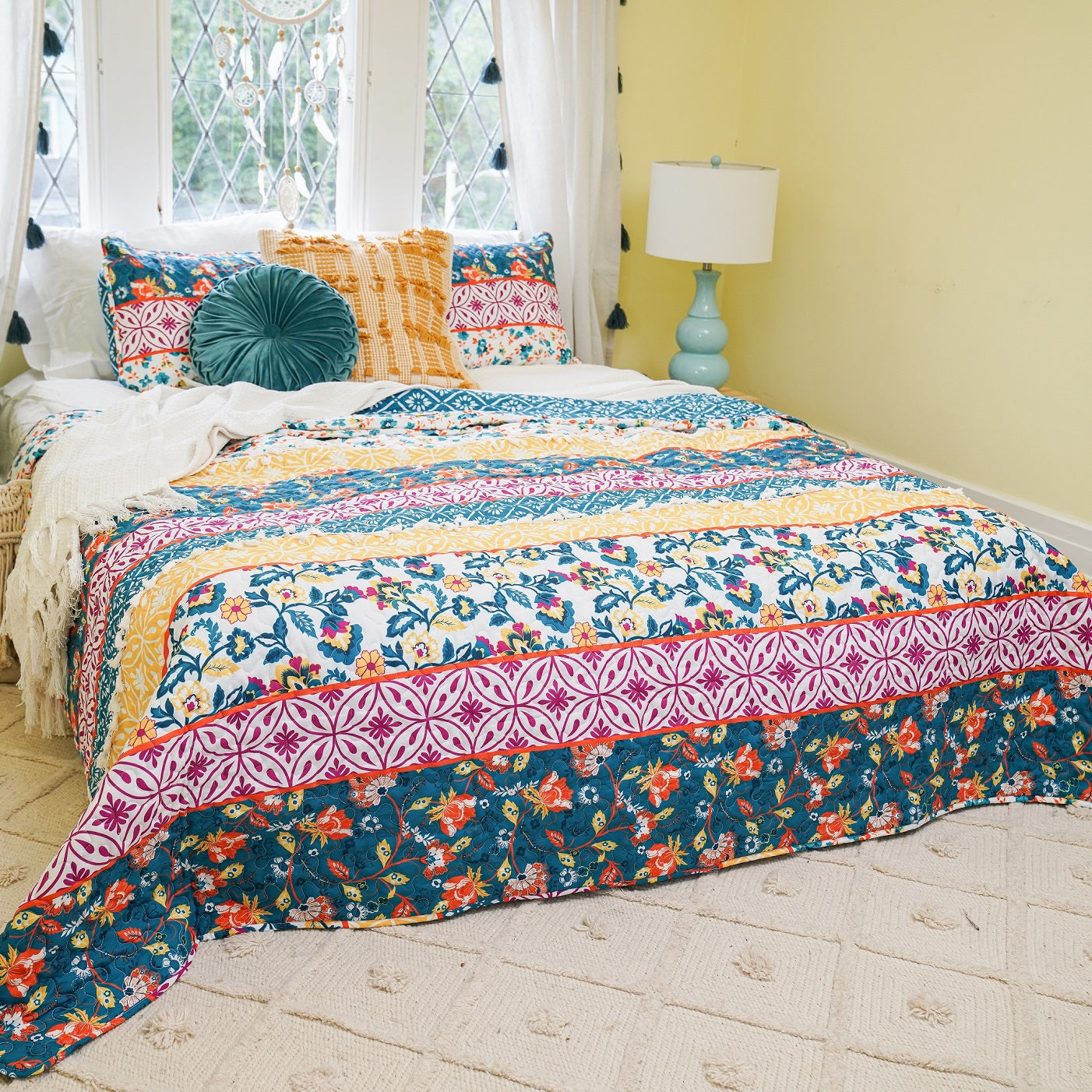 Bedding Bundle: Emily Boho Stripe Quilt Set + Waffle Cotton Knit Blanket