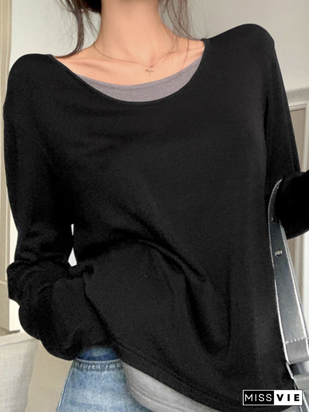 Fake Two Piece Contrast Color Splice Oversized Long Sleeve Tee