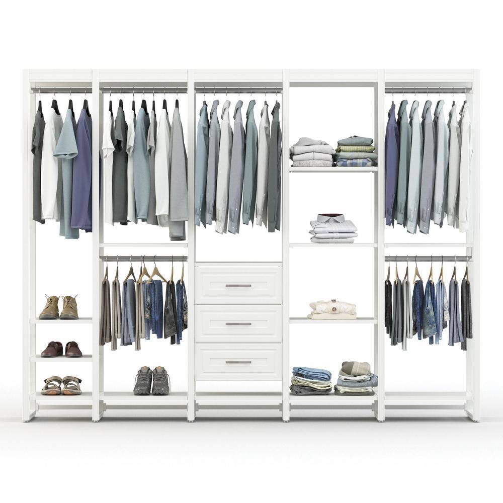 CLOSETS By LIBERTY 108 in. W White Adjustable Wood Closet System with 13-Shelves 6-Rods and 3-Drawers HS47567-RW-09