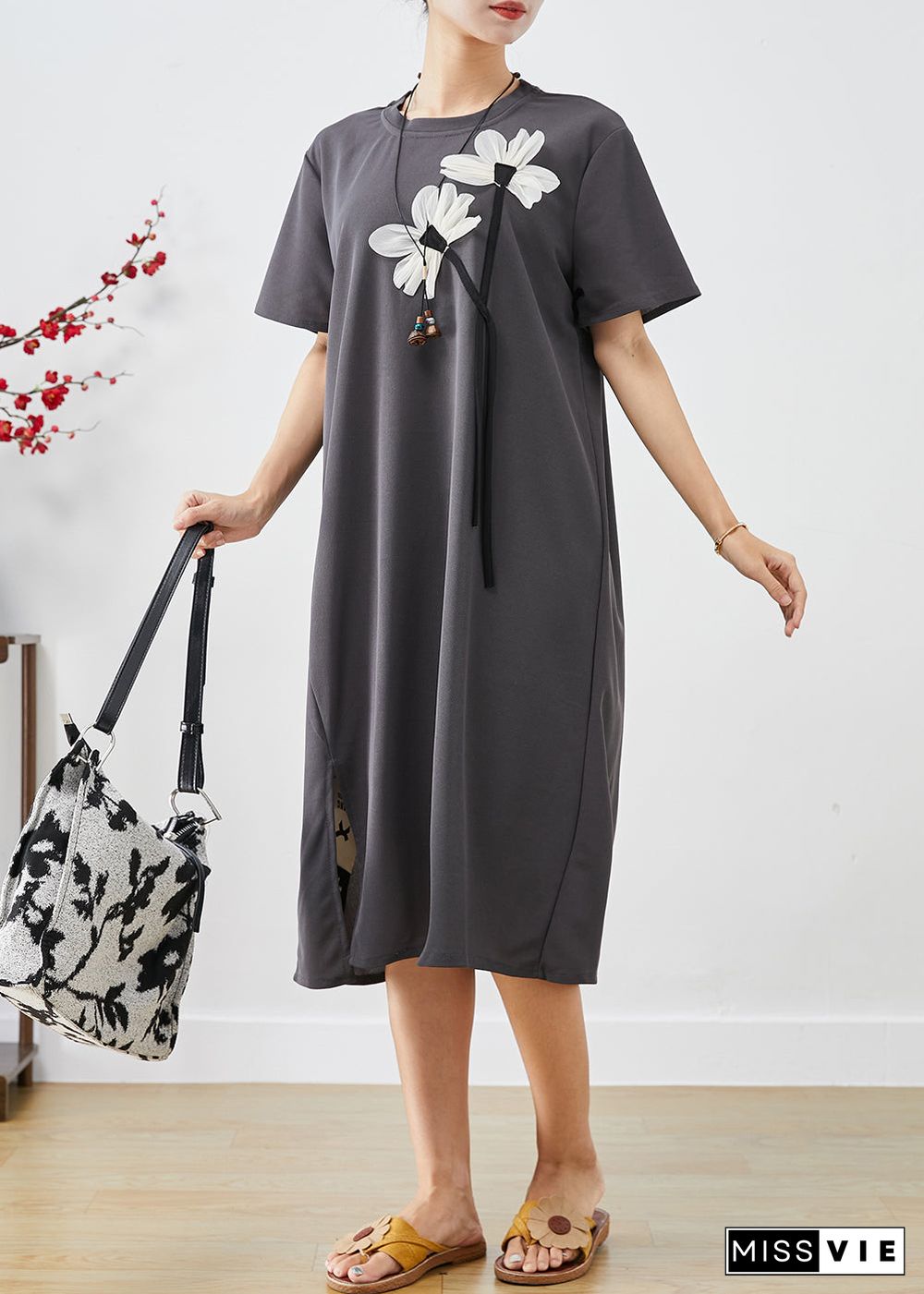 Handmade Grey Floral Side Open Cotton Dress Summer