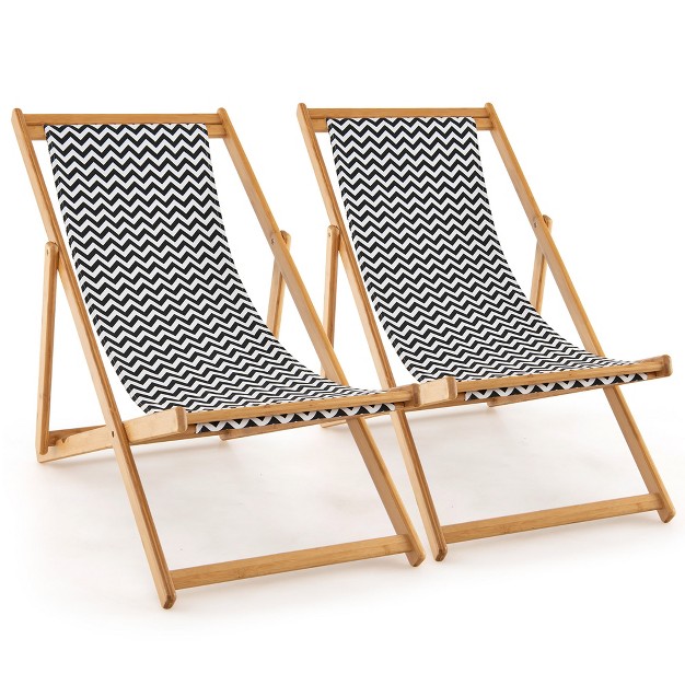 Tangkula 2pcs Foldable Patio Sling Chair W Solid Bamboo Frame amp Breathable Canvas Seat Beach Garden Patio