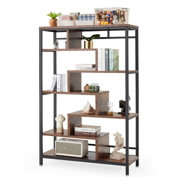 Jomeed 7 Tier Industrial Steel Open Display Asymmetrical Bookshelf Bookcase Organizer Rack For Home Living Room And Office Black brown