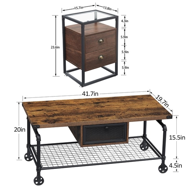 Industrial Coffee Table Set of 3， Rustic Brown Sofa Table and Glass Top Nightstands Set of 2