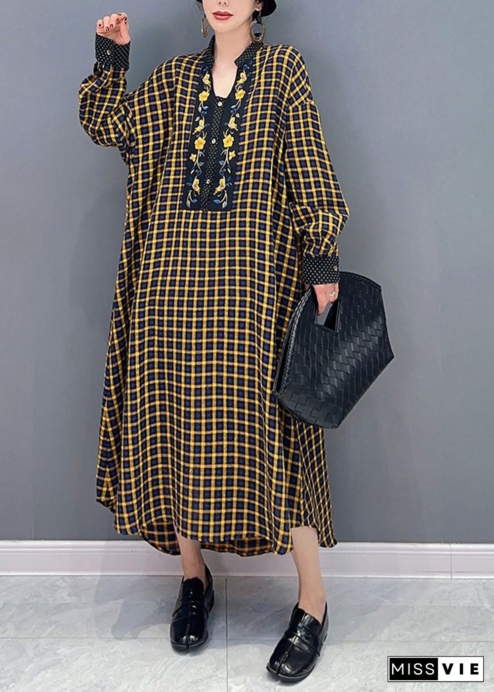 Yellow Plaid Patchwork Maxi Dresses Oversized Spring