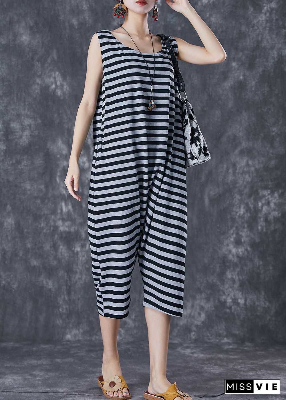 Modern Grey O-Neck Striped Cotton Overalls Jumpsuit Sleeveless