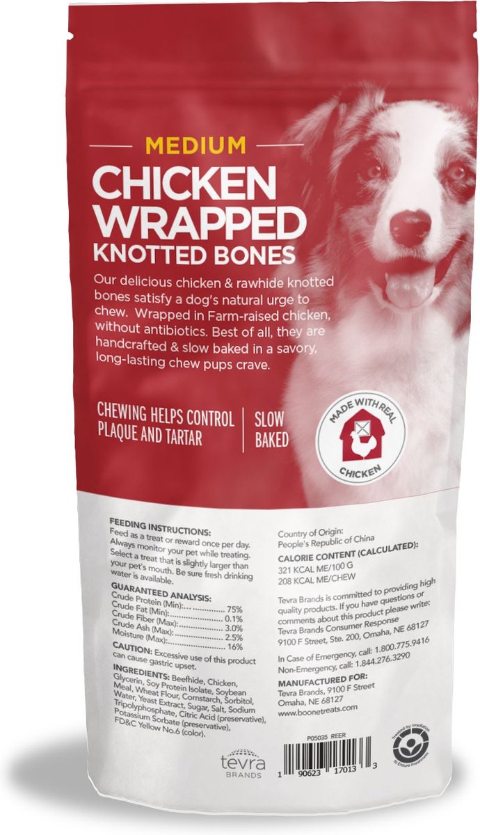 Boone Chicken Wrapped Knotted Medium Bones Dog Treats， 3 count