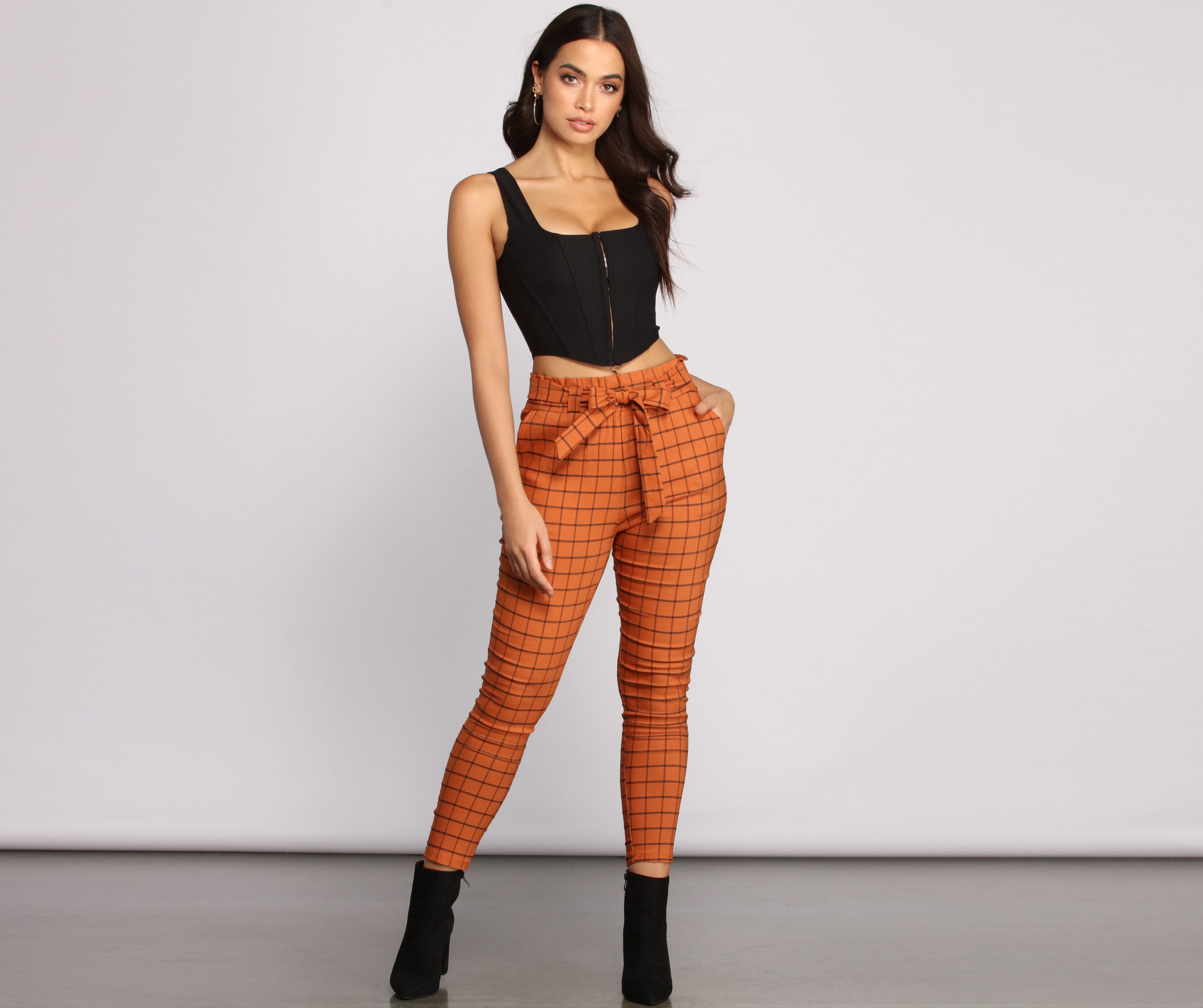 High Waist Paperbag Window Pane Pants