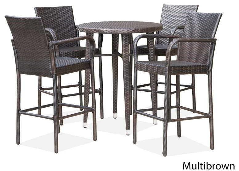 Noble House Patina Outdoor 5 Pc Multi Brown Wicker 32.5 quotRound Bar Table Set   Tropical   Outdoor Dining Sets   by Homesquare  Houzz