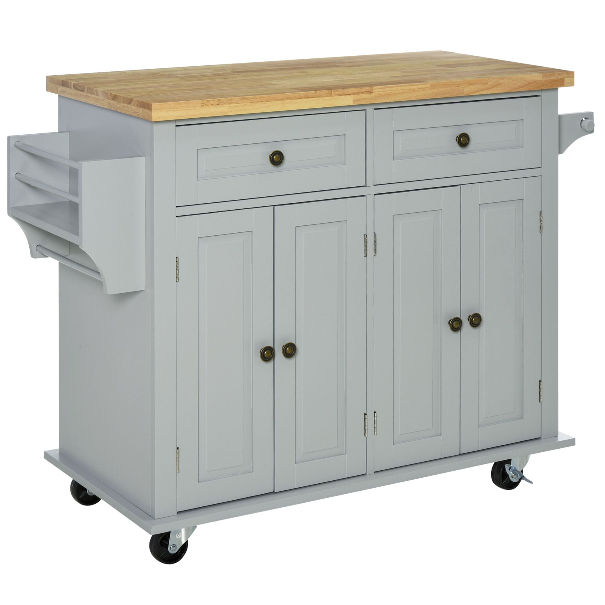 HOMCOM Rolling Kitchen Island Cart with Rubber Wood Top， Spices， and Towel Rack