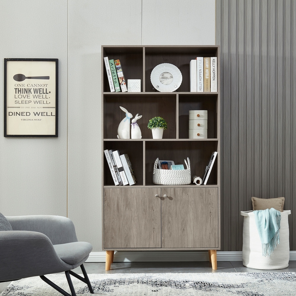 5 Tier Modern Bookcase Bookshelf with 2 Doors Storage Cabinet