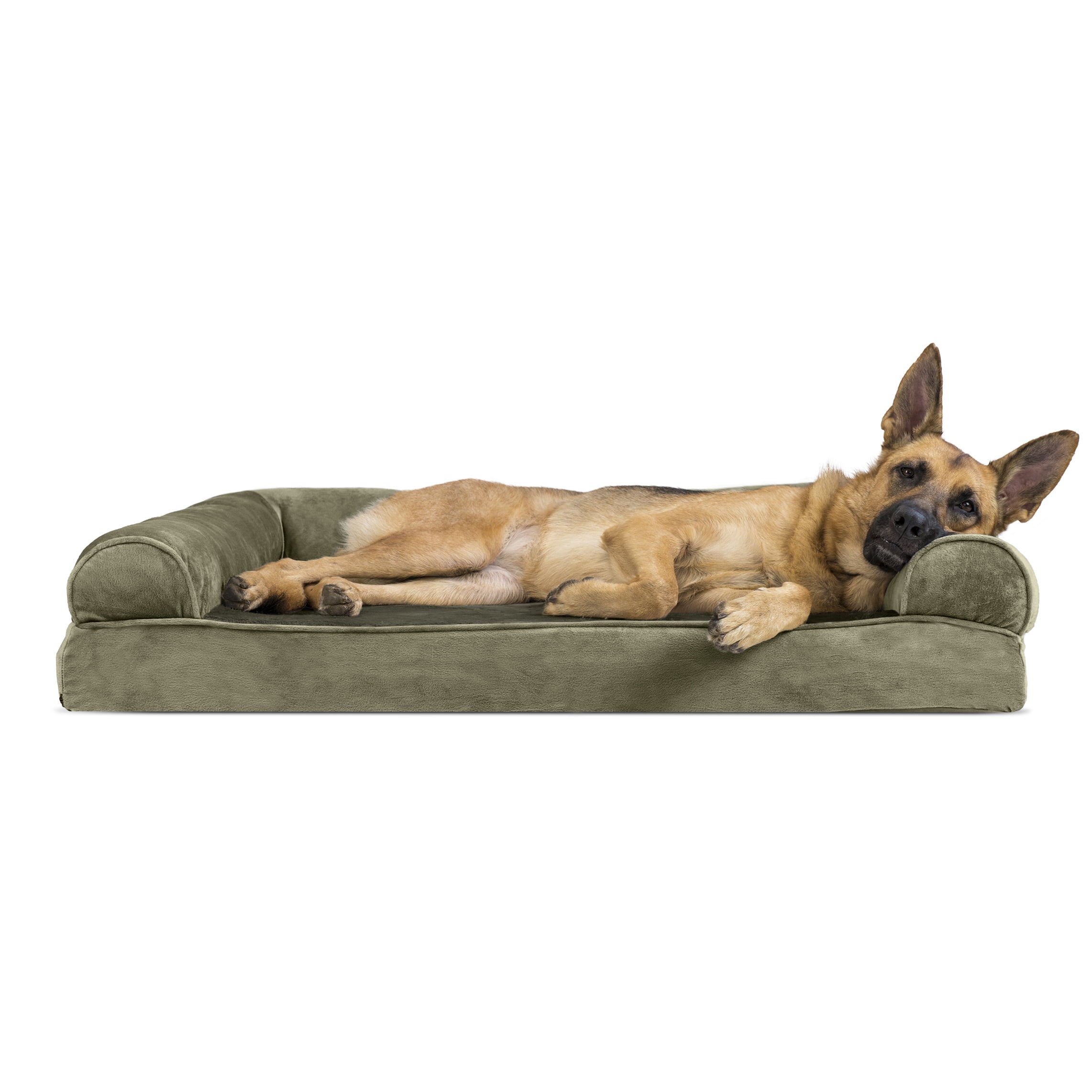 FurHaven | Memory Foam Faux Fur & Velvet Sofa Pet Bed for Dogs & Cats, Dark Sage, Jumbo