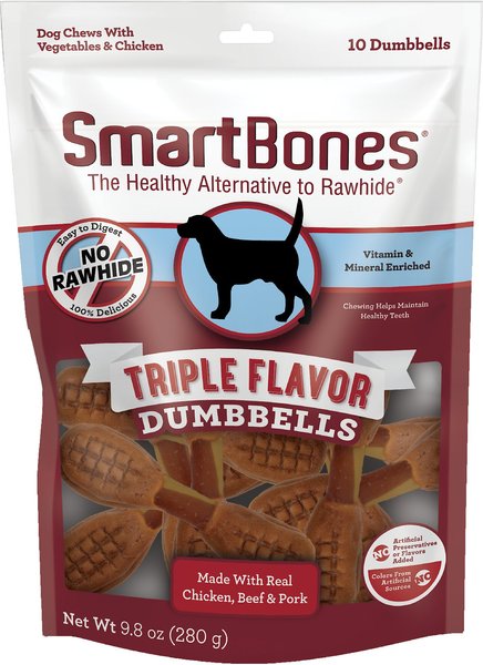 SmartBones Triple Flavor Dumbbells Chicken Dog Treats， 10 count