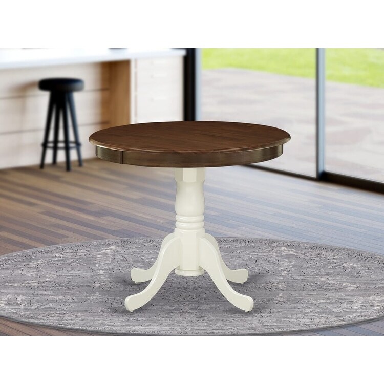 East West Furniture Kitchen Dining Table   a Round Wooden Table Top with Pedestal Base  Walnut   Linen White