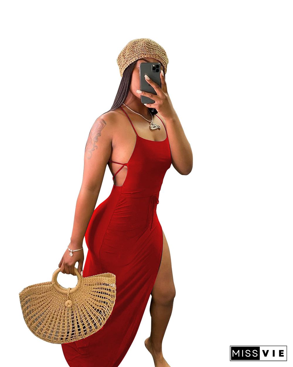 Women Sexy Solid Backless Halter Sling Bandage High Side Slit Slinky Evening Party Long Maxi Dress