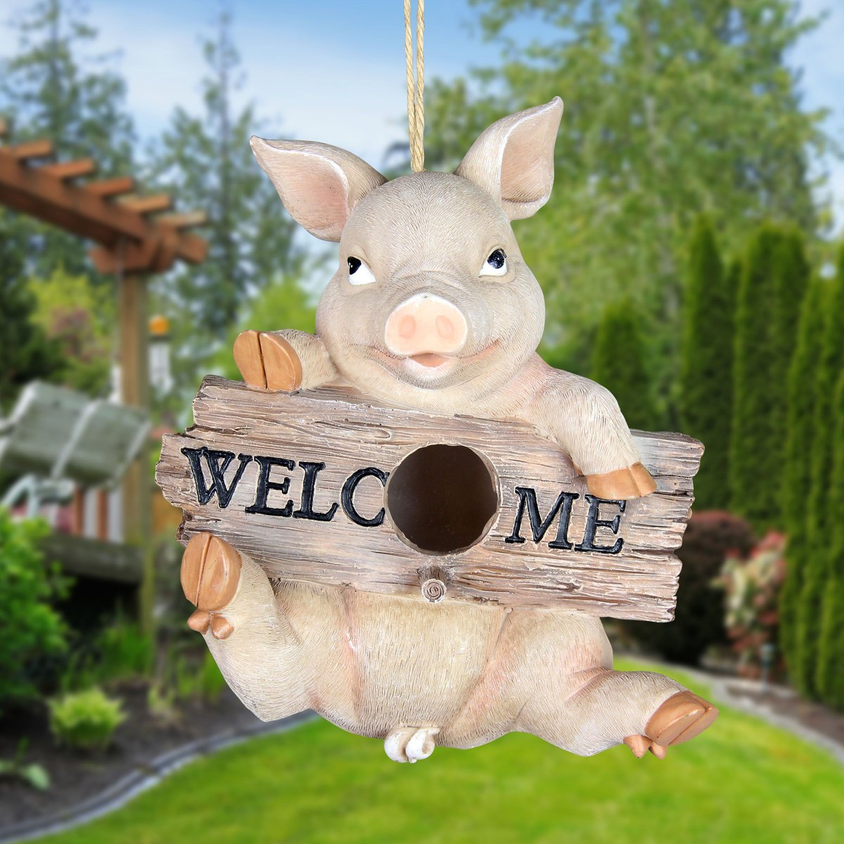 Exhart Hand Painted Pig with Welcome Sign Hanging Resin Bird House