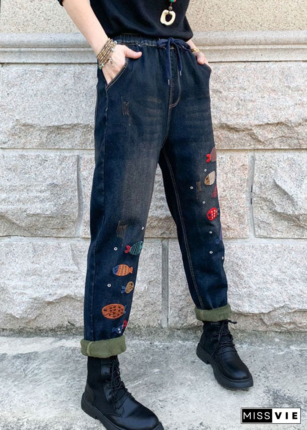 Boho Blue Embroideried elastic waist denim Pants Winter