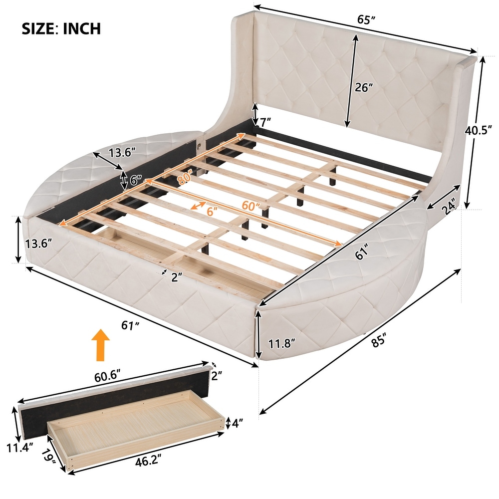 Upholstered Platform Bed  Queen Size Storage Velvet Bed with Wingback Headboard and 1 Big Drawer  2 Side Storage Stool