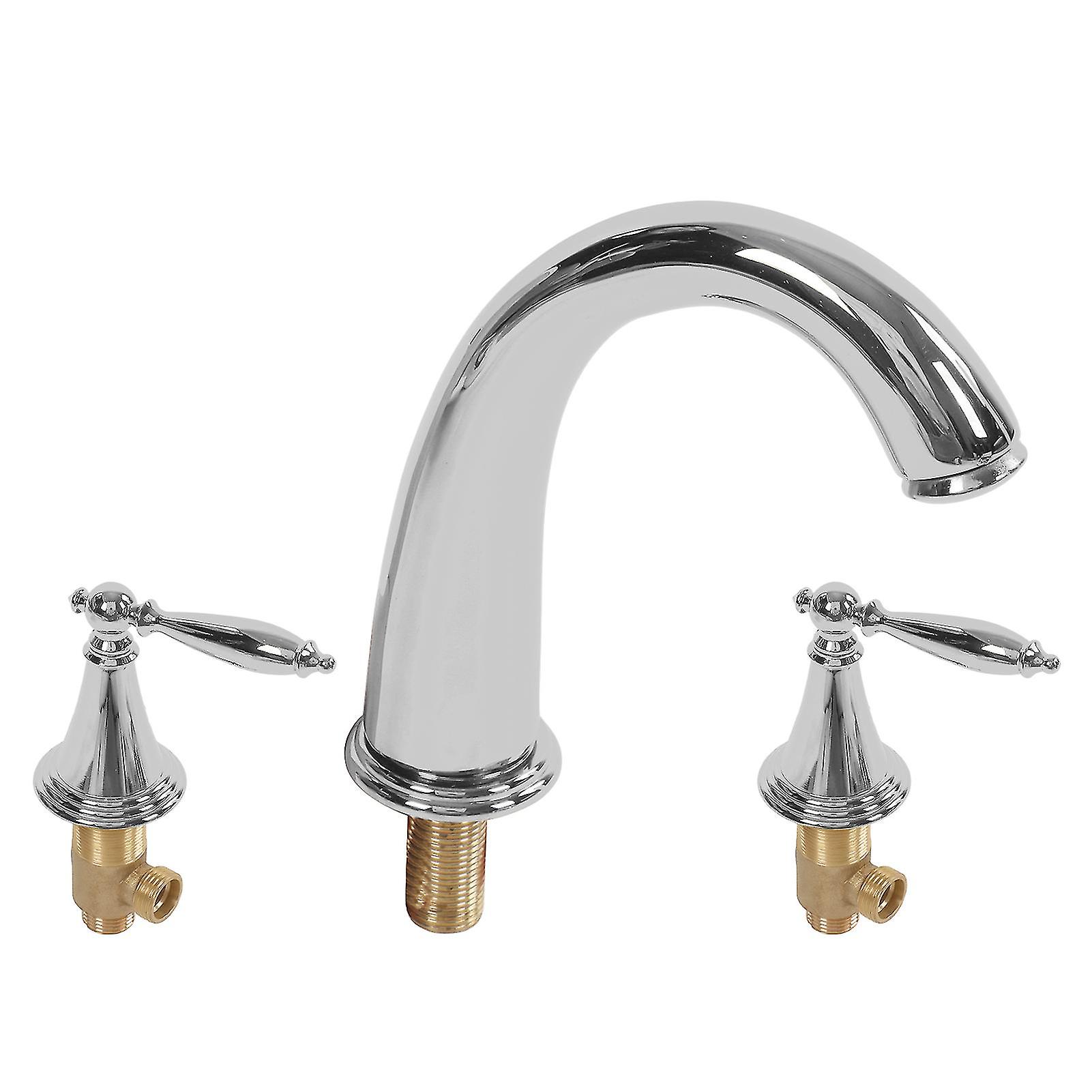 Double Handle Split Faucet Full Copper Three Hole Basin Faucet European Style Bathroom Sink Faucet Silver