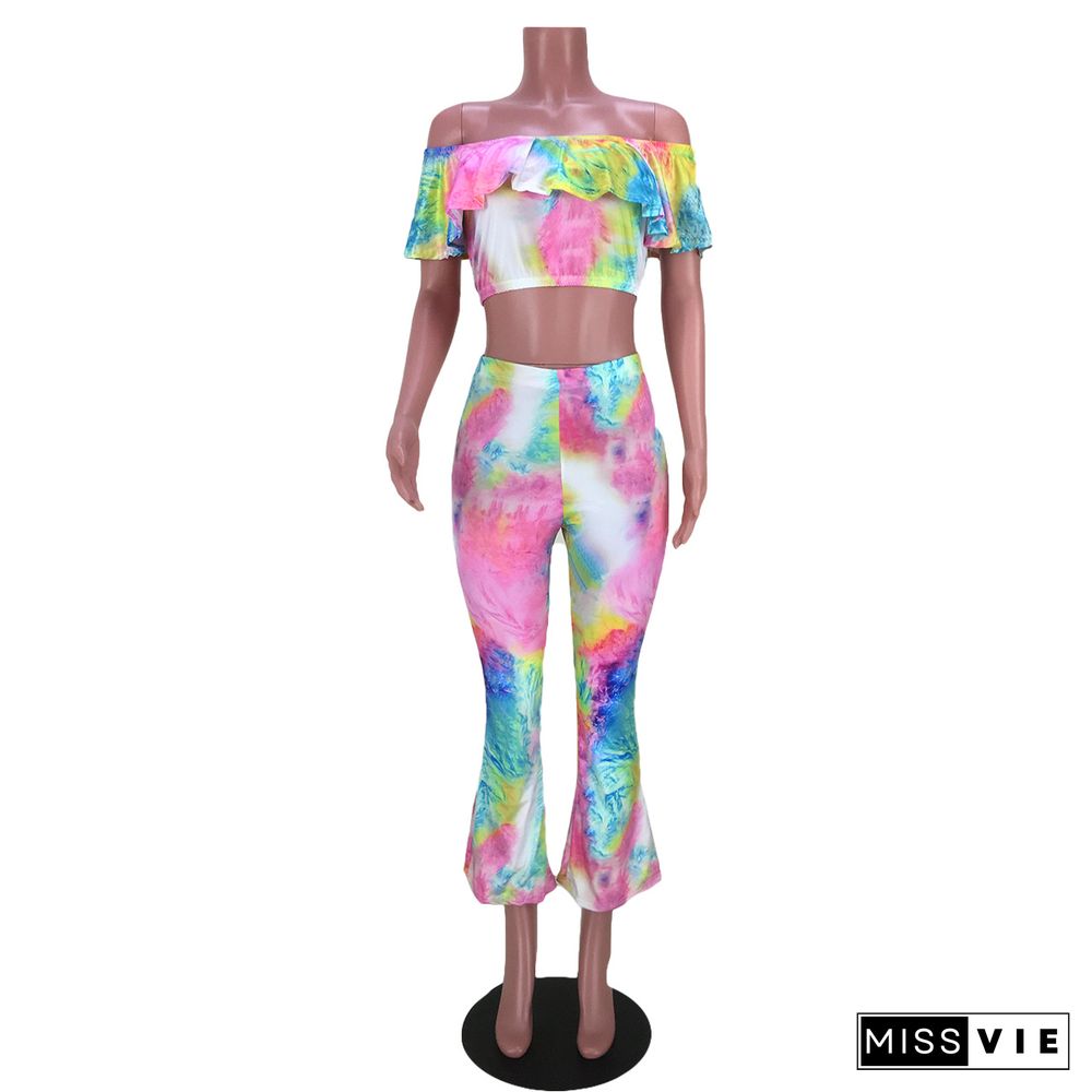 Tie Dye Ruffle Slash Neck Crop Top Flare Pants Outfits